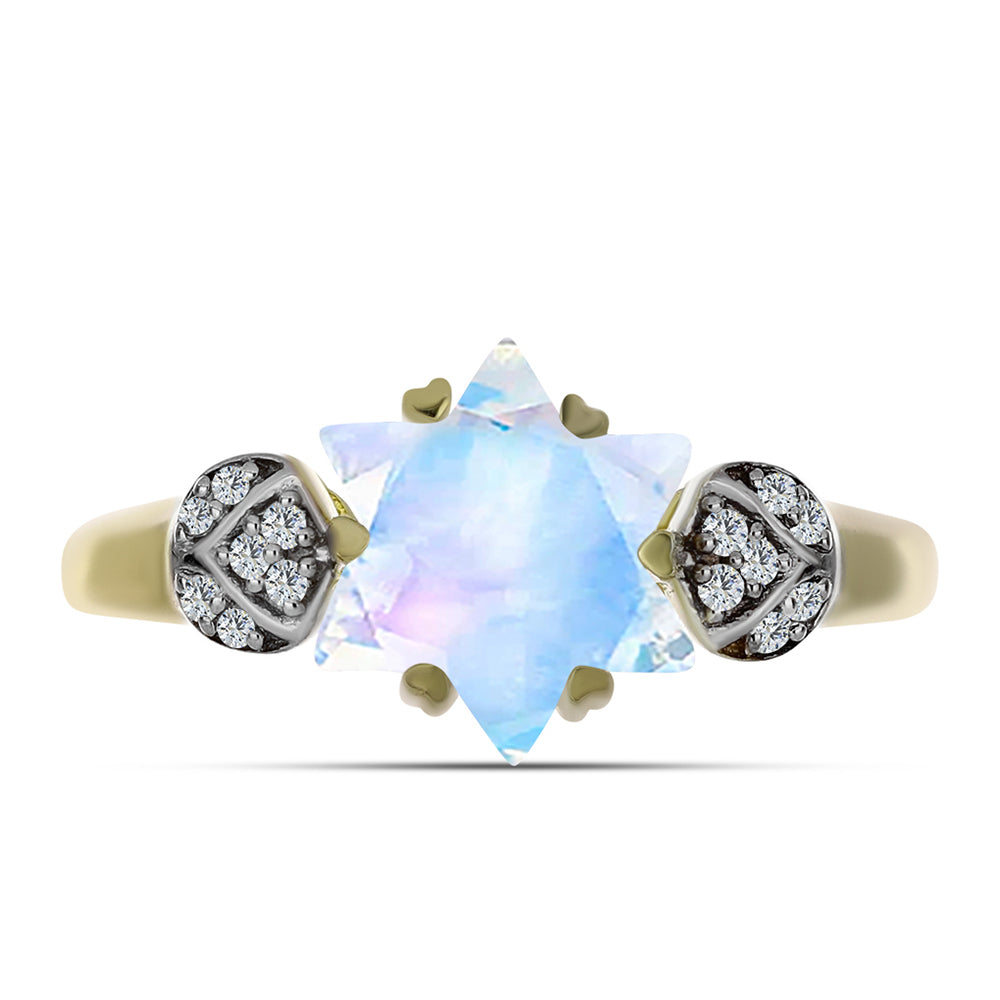 Anillo de Plata Bañada en Oro con Piedra Lunar Arco Iris y Topacio Blanco 1 
