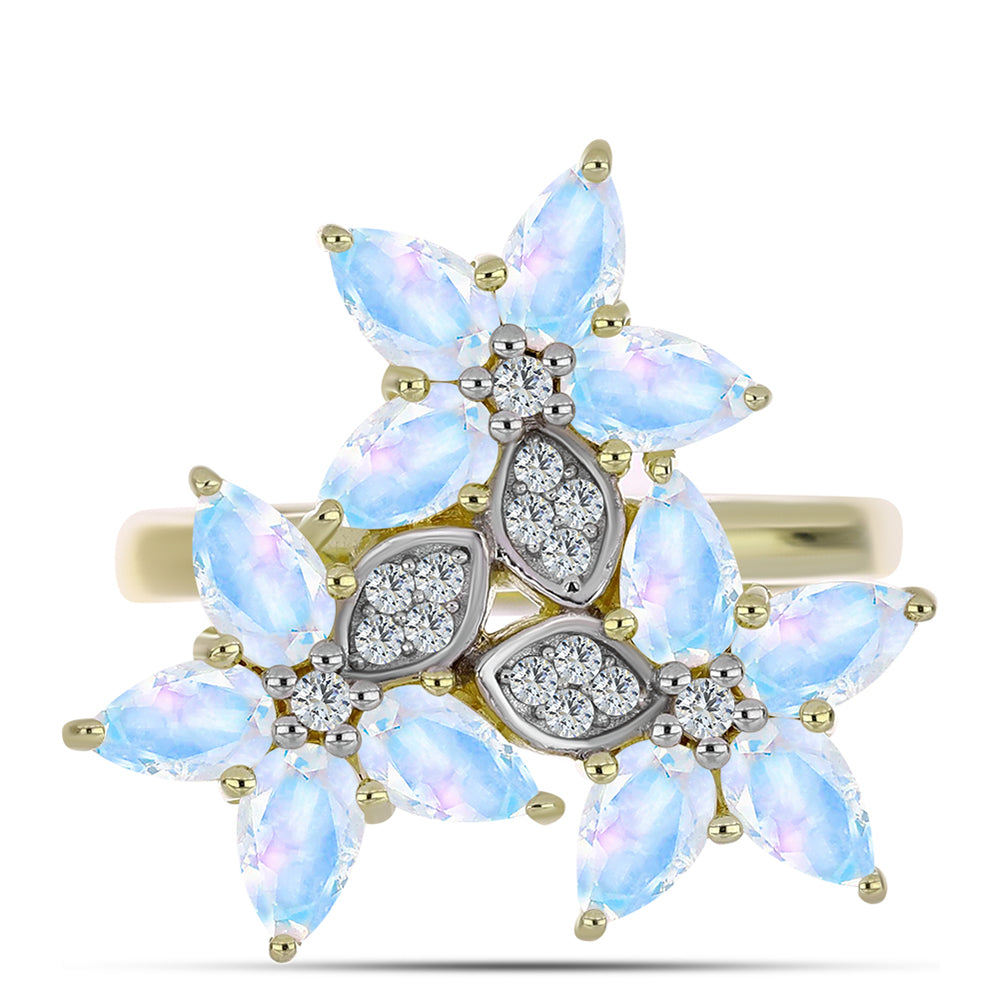 Anillo de Plata Bañada en Oro con Piedra Lunar Arco Iris y Topacio Blanco