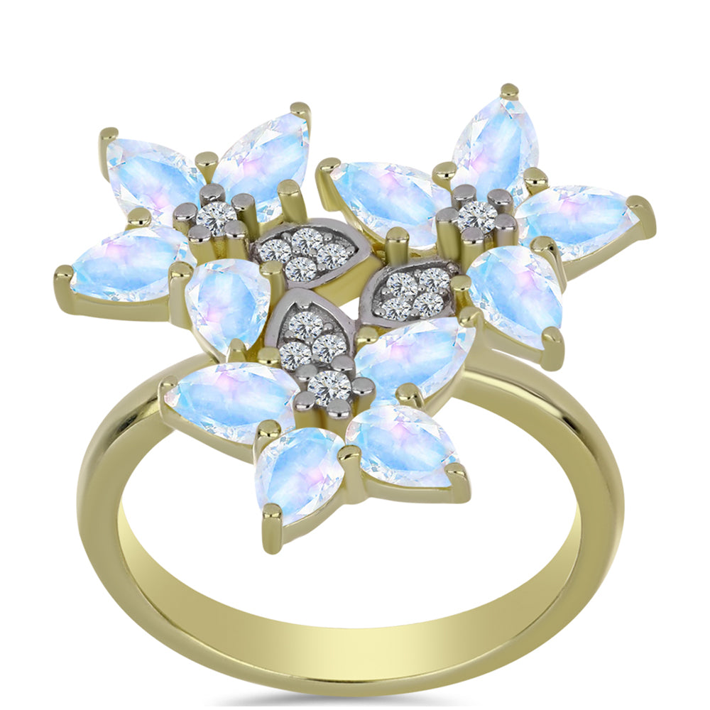 Anillo de Plata Bañada en Oro con Piedra Lunar Arco Iris y Topacio Blanco