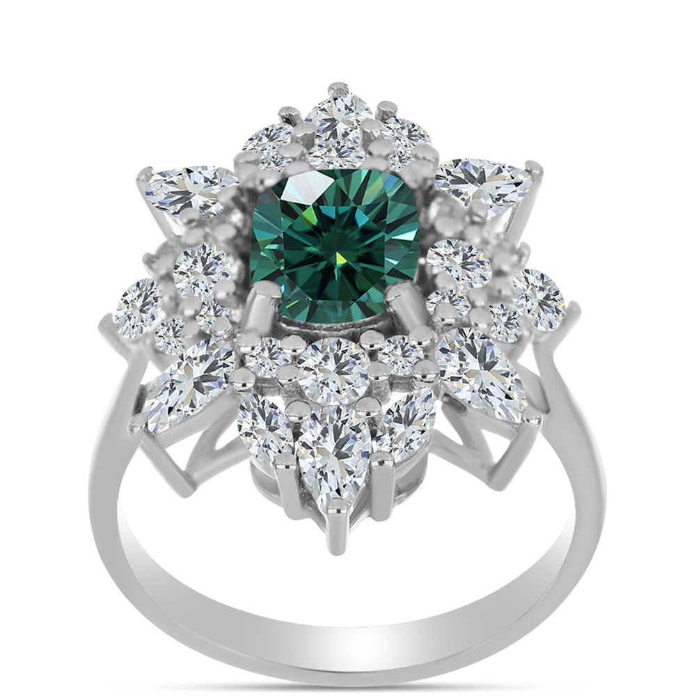 Anillo de Plata con Moissanita azul mar verdosa y Topacio Blanco