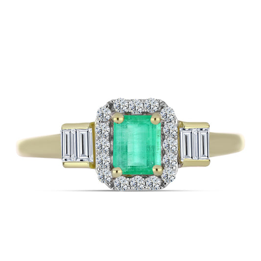 Anillo de Plata Bañada en Oro con Esmeralda de Colombia y Diamante blanco