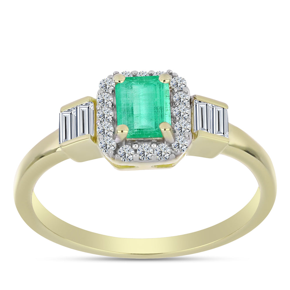 Anillo de Plata Bañada en Oro con Esmeralda de Colombia y Diamante blanco