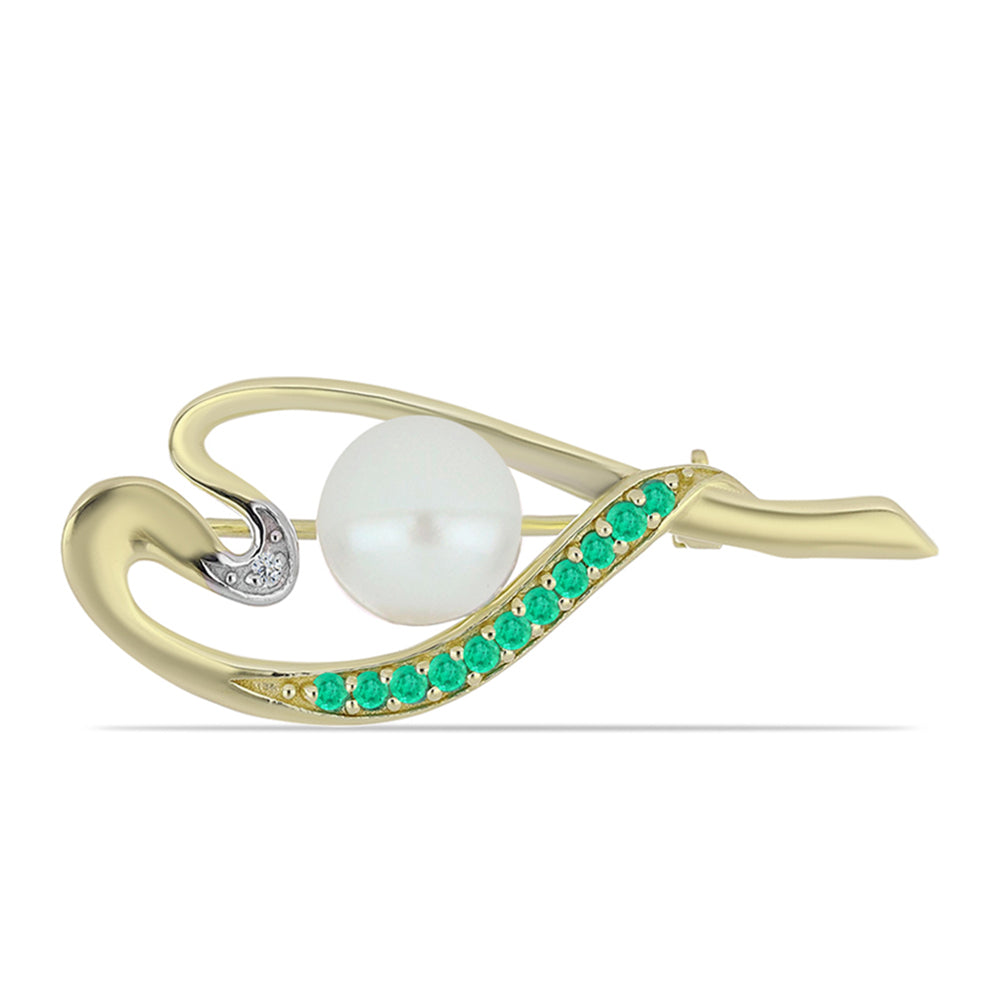 Broche de Plata Bañada en Oro con Esmeralda de Colombia y Diamante blanco
