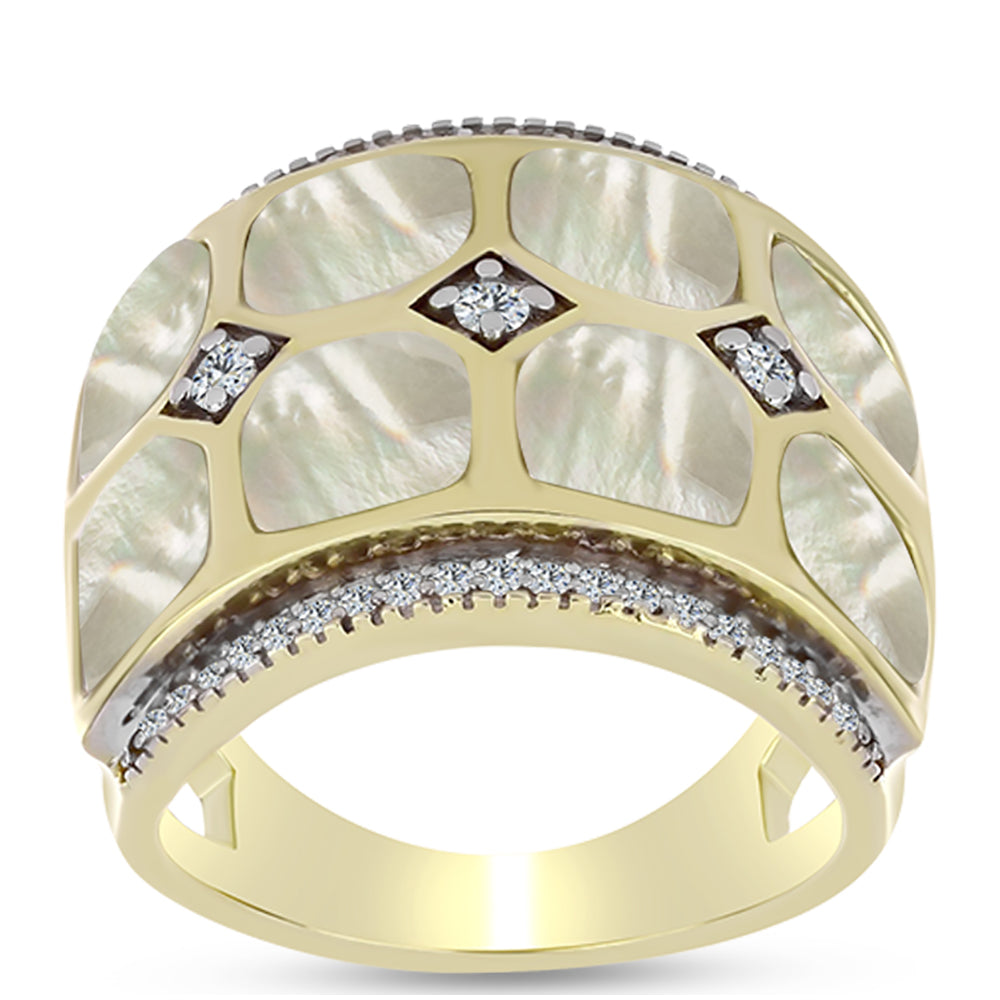 Anillo de Plata Bañada en Oro con Madreperla y Topacio Blanco