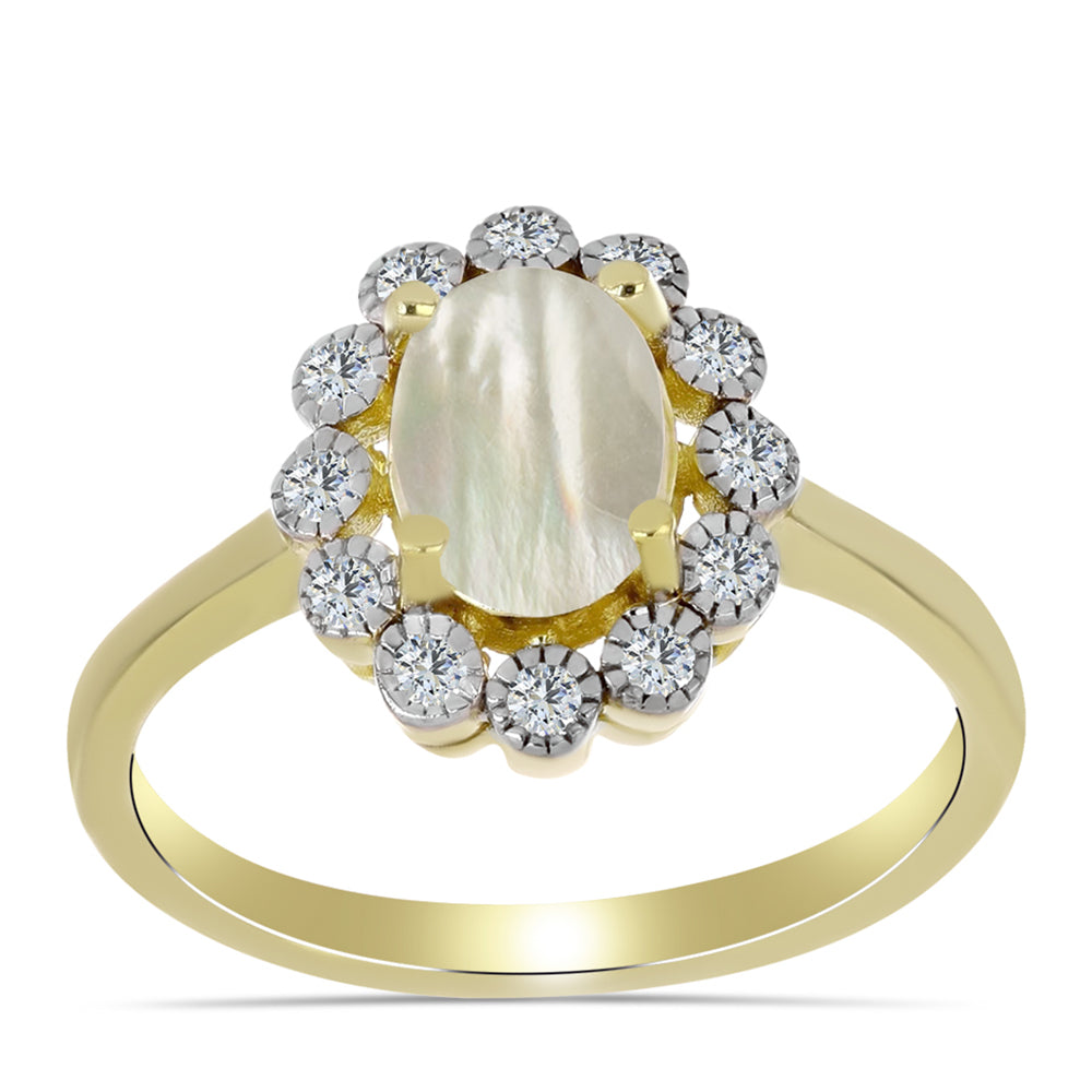 Anillo de Plata Bañada en Oro con Madreperla y Topacio Blanco