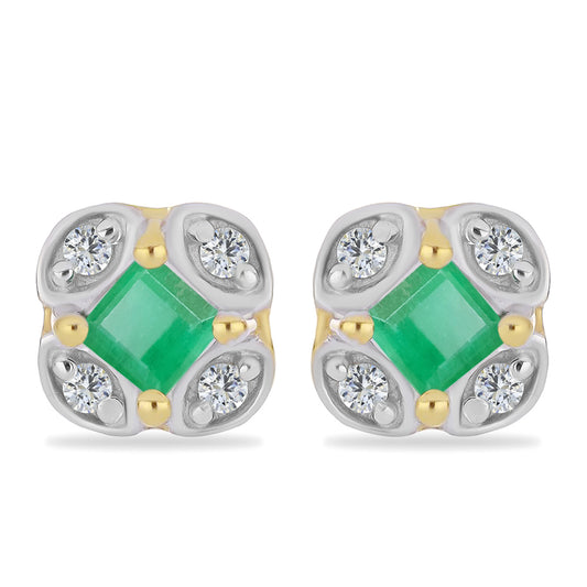 Pendientes de Plata Bañada en Oro con Esmeralda de Brasil y Zircón Blanco
