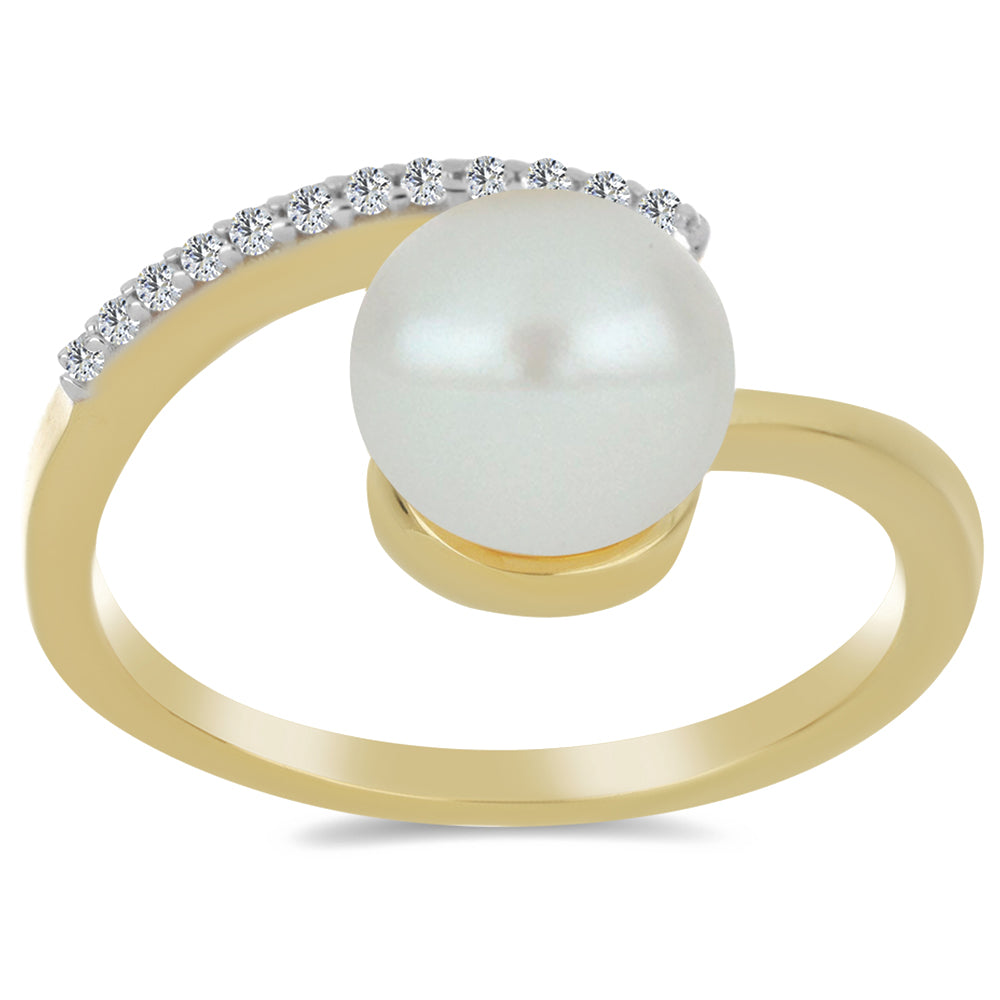 Anillo de Plata Bañada en Oro con Perla blanca de agua dulce y Topacio Blanco