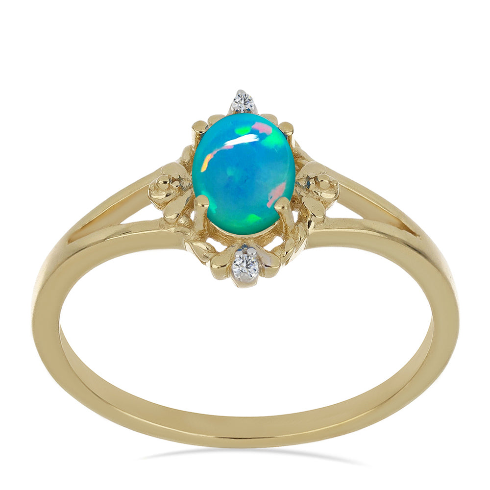 Anillo de Plata Bañada en Oro con Ópalo Azul de Lega Dembi de Etiopía y Zircón Blanco 3 