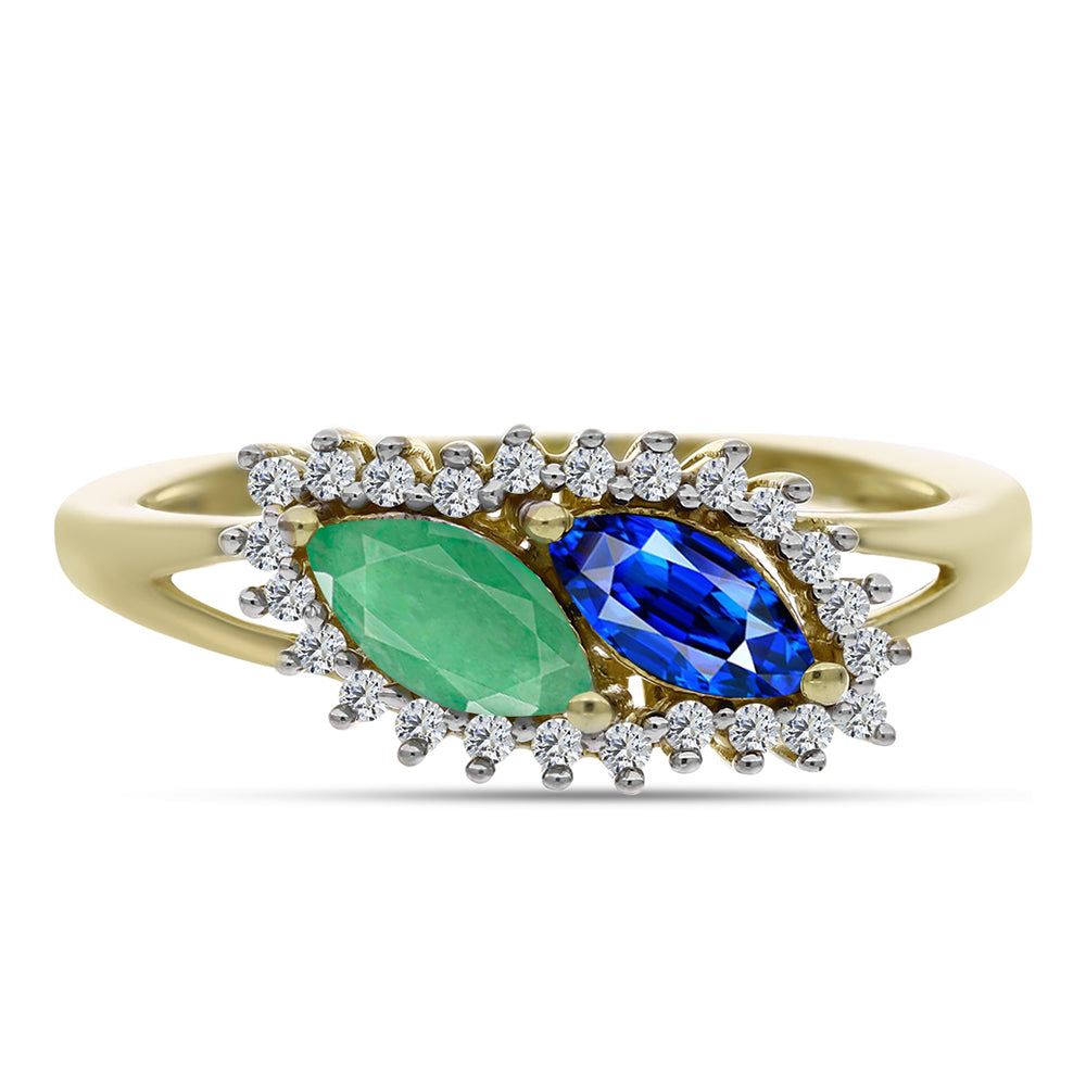 Anillo de Plata Bañada en Oro con Zafiro Azul Australiano y Esmeralda de Brasil 1 