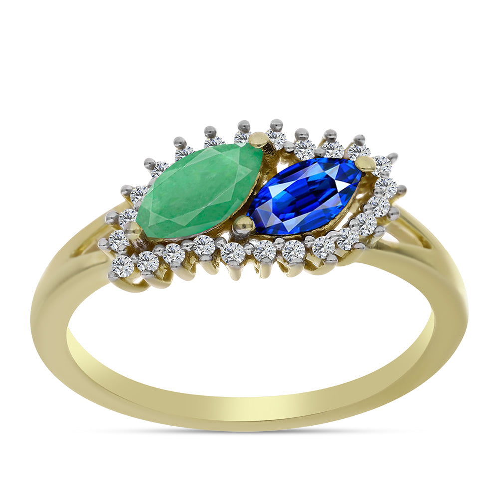 Anillo de Plata Bañada en Oro con Zafiro Azul Australiano y Esmeralda de Brasil 3 