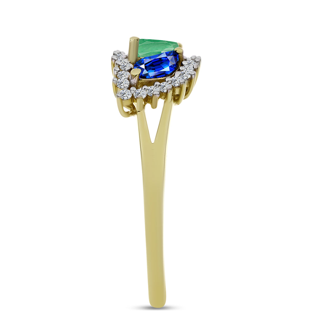 Anillo de Plata Bañada en Oro con Zafiro Azul Australiano y Esmeralda de Brasil 4 