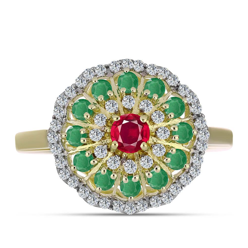 Anillo de Plata Bañada en Oro con Rubí de Madagascar y Esmeralda de Brasil