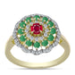 Anillo de Plata Bañada en Oro con Rubí de Madagascar y Esmeralda de Brasil