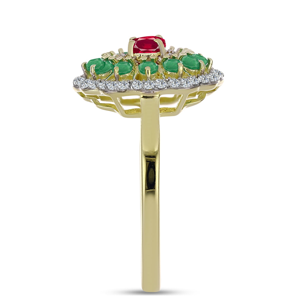 Anillo de Plata Bañada en Oro con Rubí de Madagascar y Esmeralda de Brasil