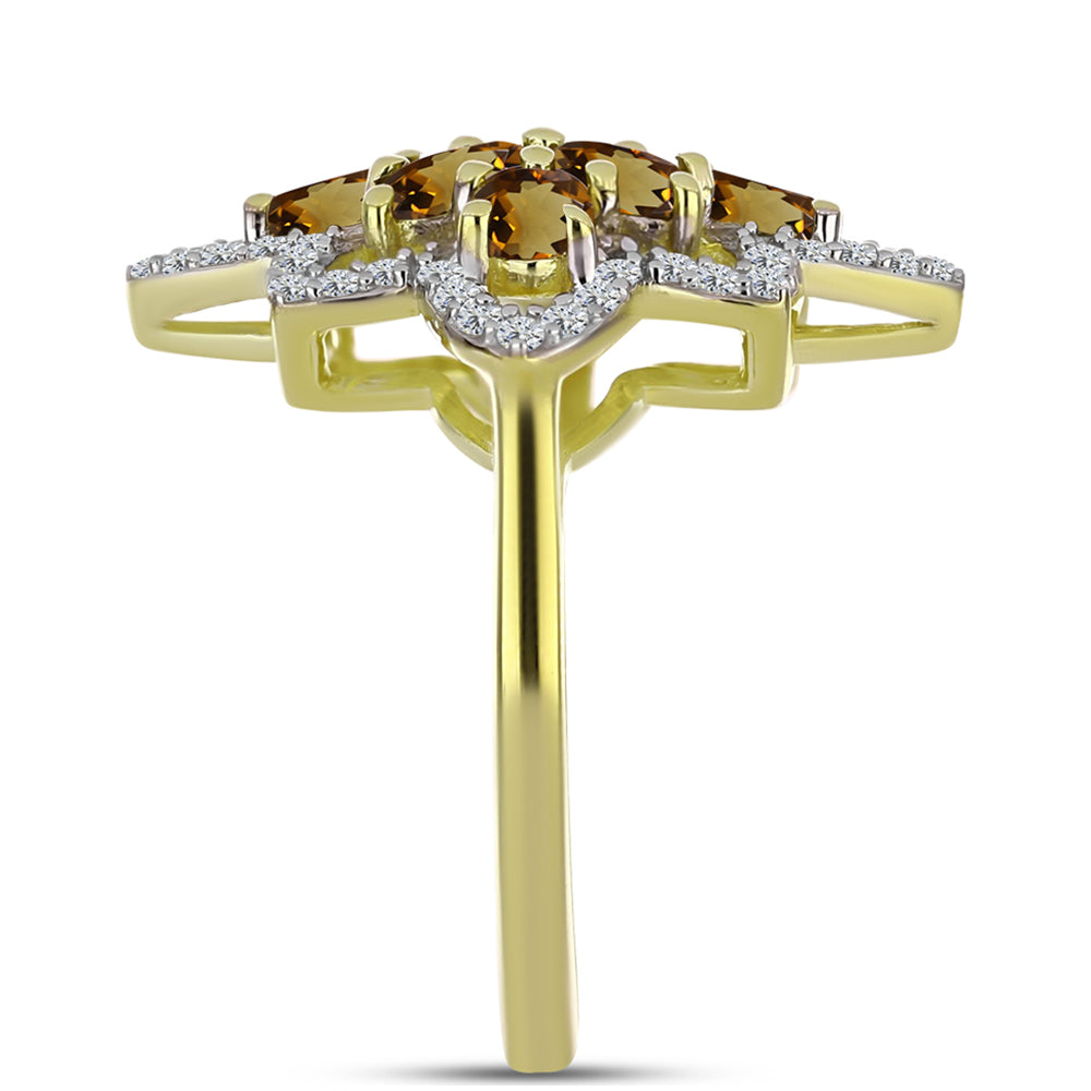 Anillo de Plata Bañada en Oro con Cuarzo Coñac y Topacio Blanco 4 
