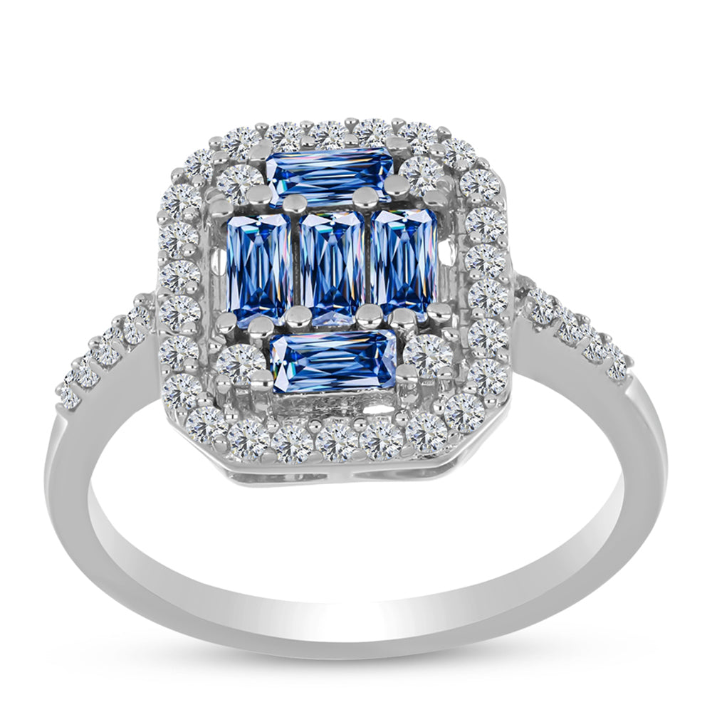Anillo de Plata con Moisanita azul océano y Topacio Blanco