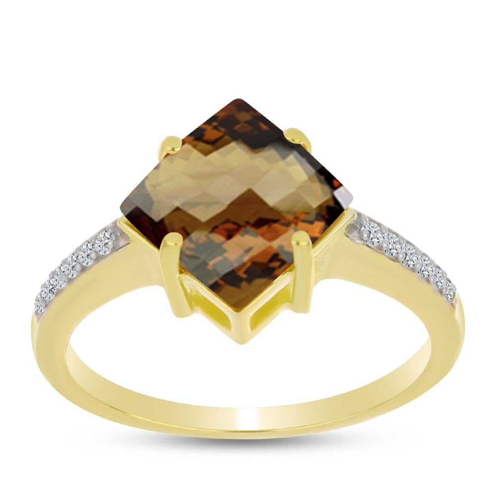Anillo de Plata Bañada en Oro con Cuarzo Coñac y Topacio Blanco 3 