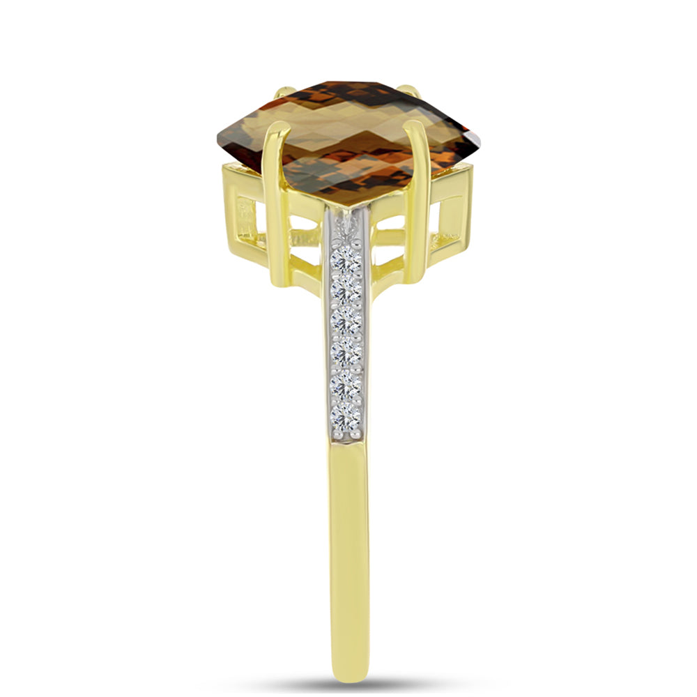Anillo de Plata Bañada en Oro con Cuarzo Coñac y Topacio Blanco 4 