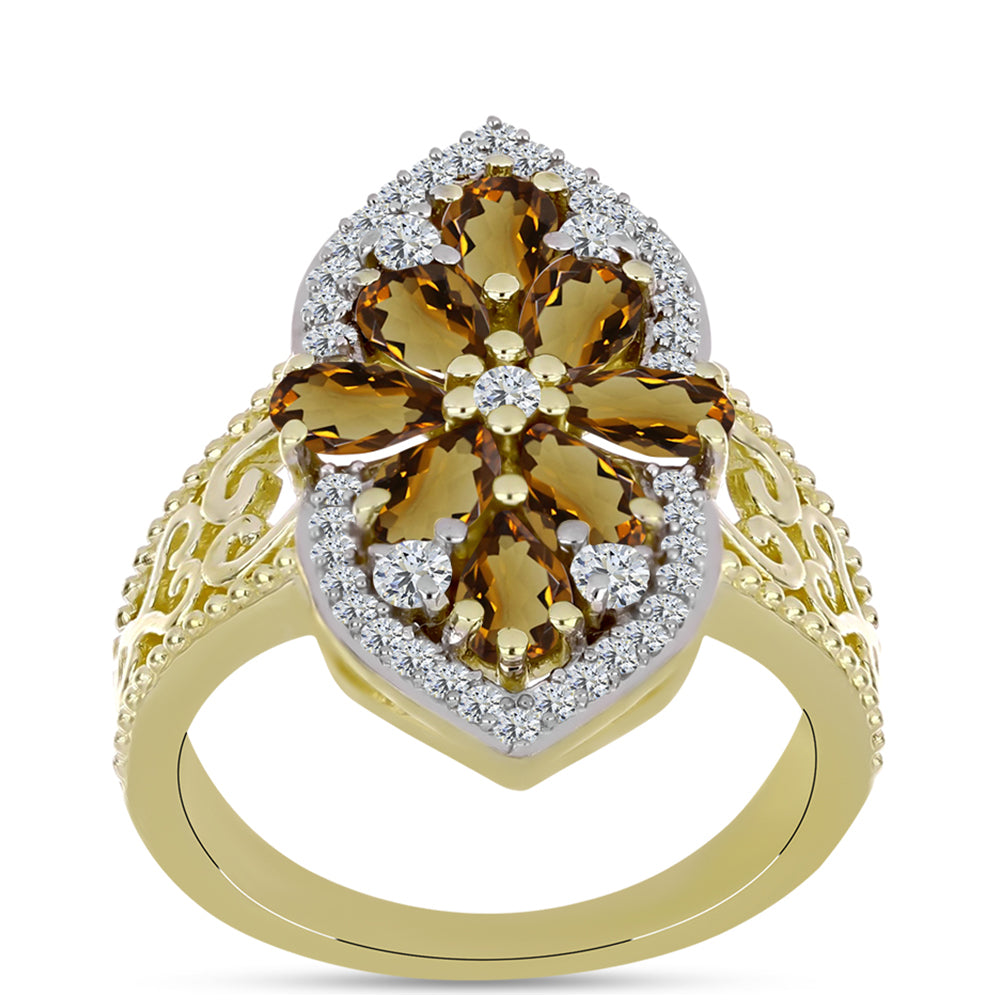 Anillo de Plata Bañada en Oro con Cuarzo Coñac y Topacio Blanco