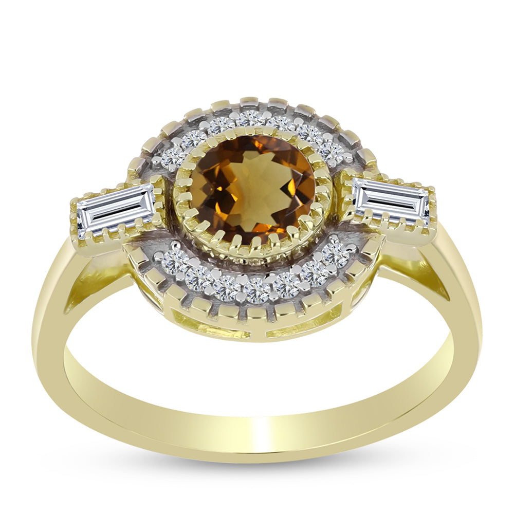 Anillo de Plata Bañada en Oro con Cuarzo Coñac y Topacio Blanco