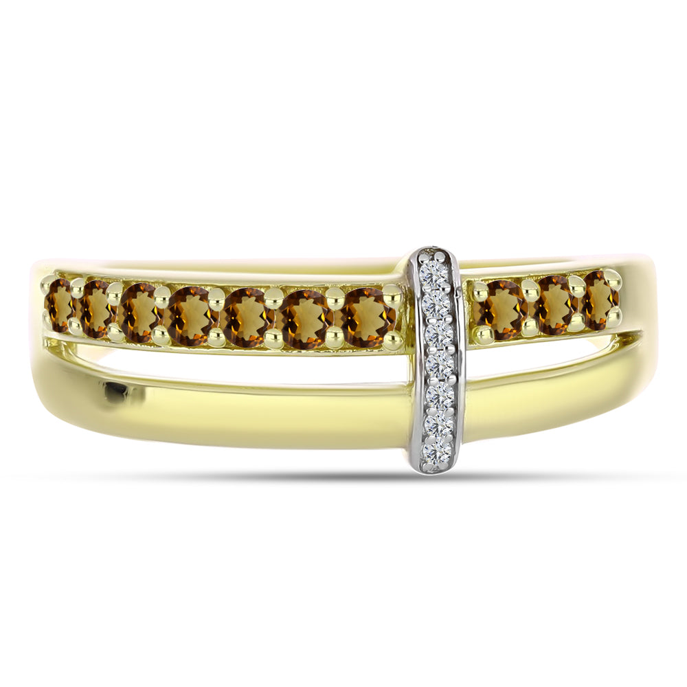 Anillo de Plata Bañada en Oro con Cuarzo Coñac y Topacio Blanco 5 