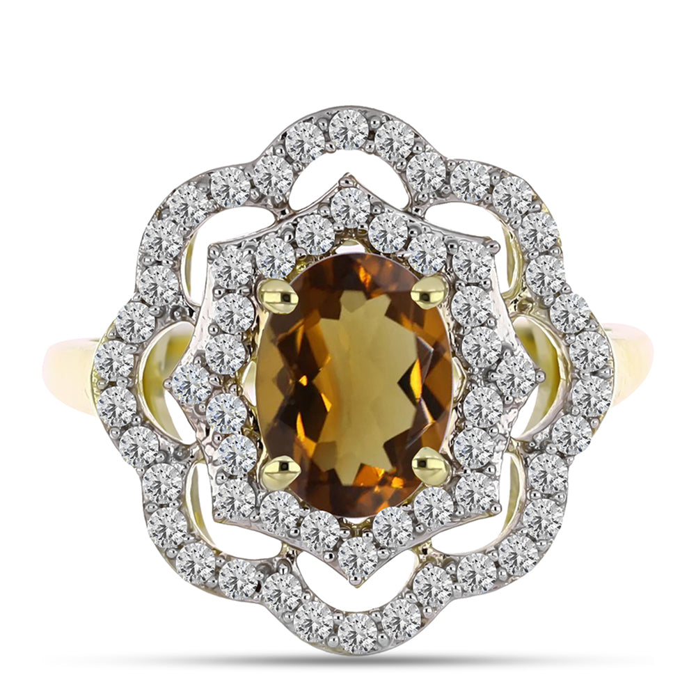 Anillo de Plata Bañada en Oro con Cuarzo Coñac y Topacio Blanco 1 