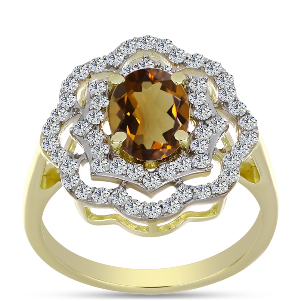 Anillo de Plata Bañada en Oro con Cuarzo Coñac y Topacio Blanco