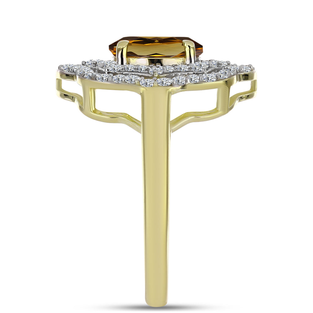 Anillo de Plata Bañada en Oro con Cuarzo Coñac y Topacio Blanco 4 