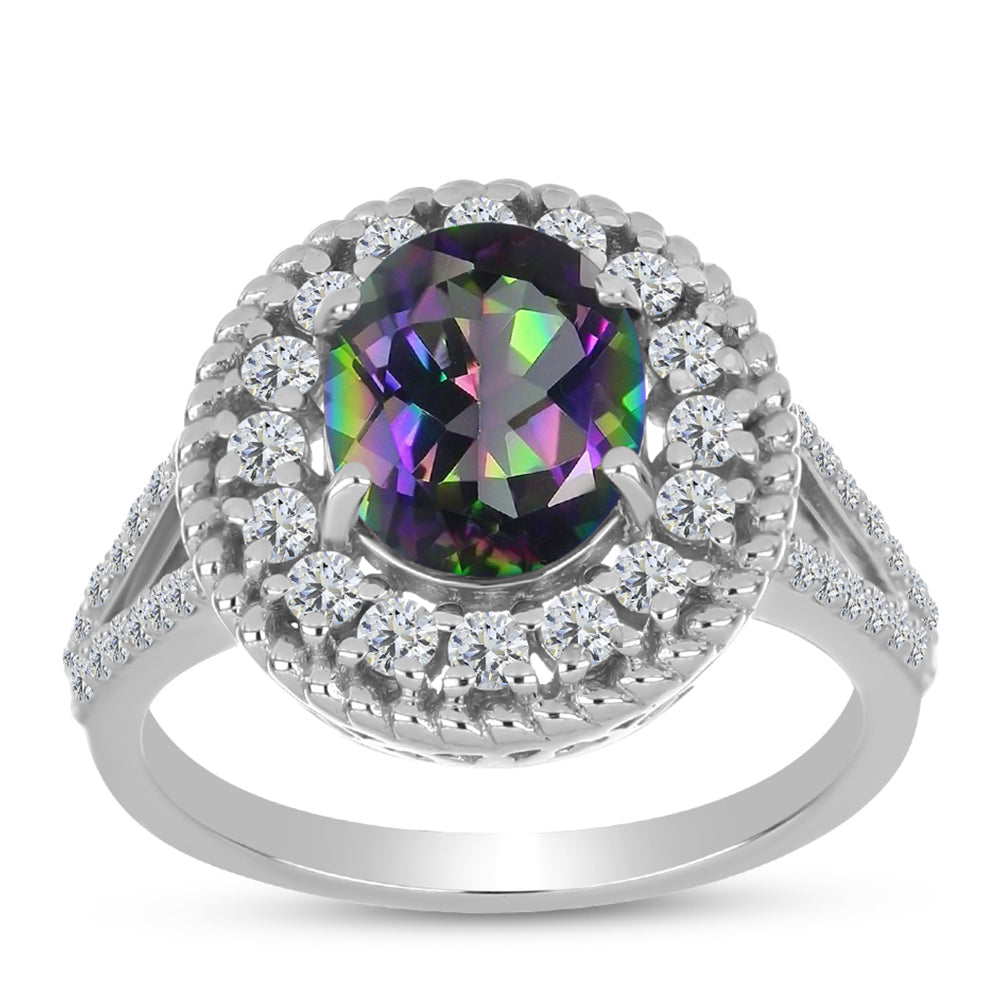 Anillo de Plata con Cuarzo Místico Verde de Brasil y Topacio Blanco