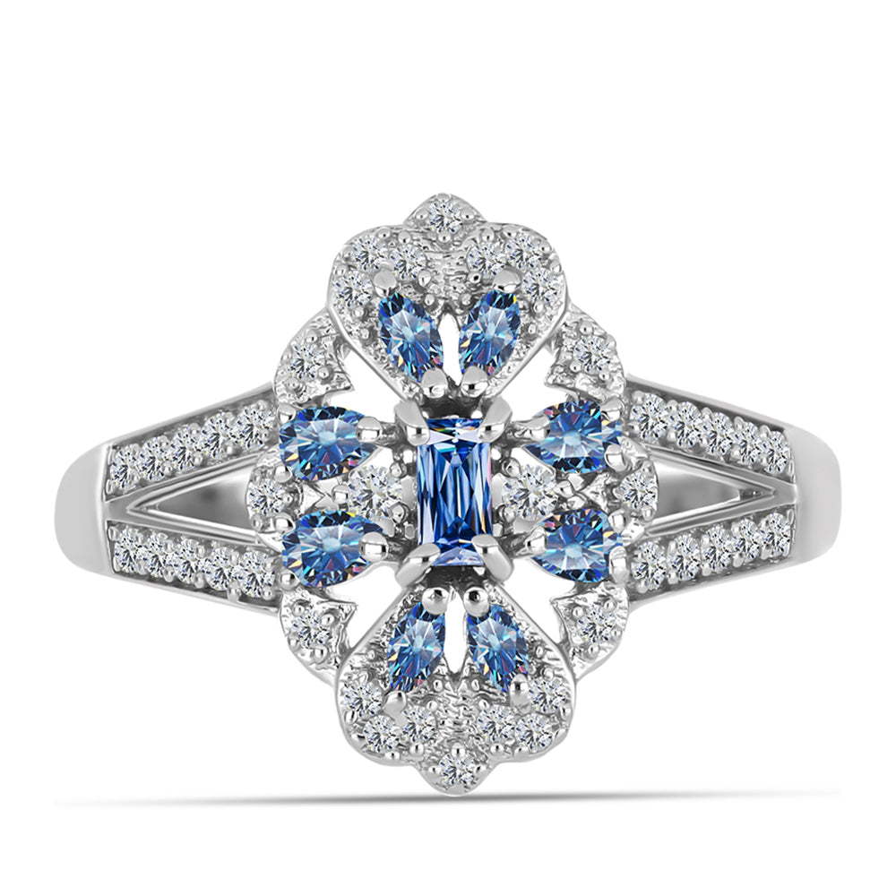 Anillo de Plata con Moisanita azul océano y Topacio Blanco