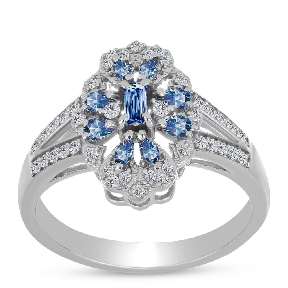 Anillo de Plata con Moisanita azul océano y Topacio Blanco 3 
