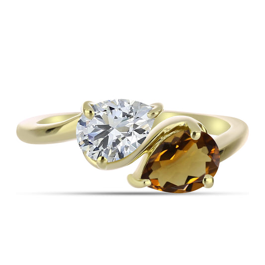 Anillo de Plata Bañada en Oro con Cuarzo Coñac y Topacio Blanco