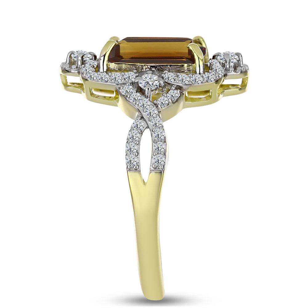 Anillo de Plata Bañada en Oro con Cuarzo Coñac y Topacio Blanco 4 