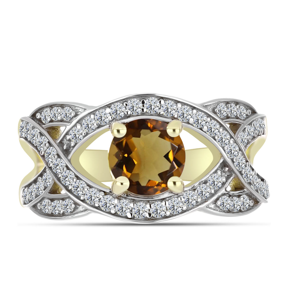 Anillo de Plata Bañada en Oro con Cuarzo Coñac y Topacio Blanco 1 