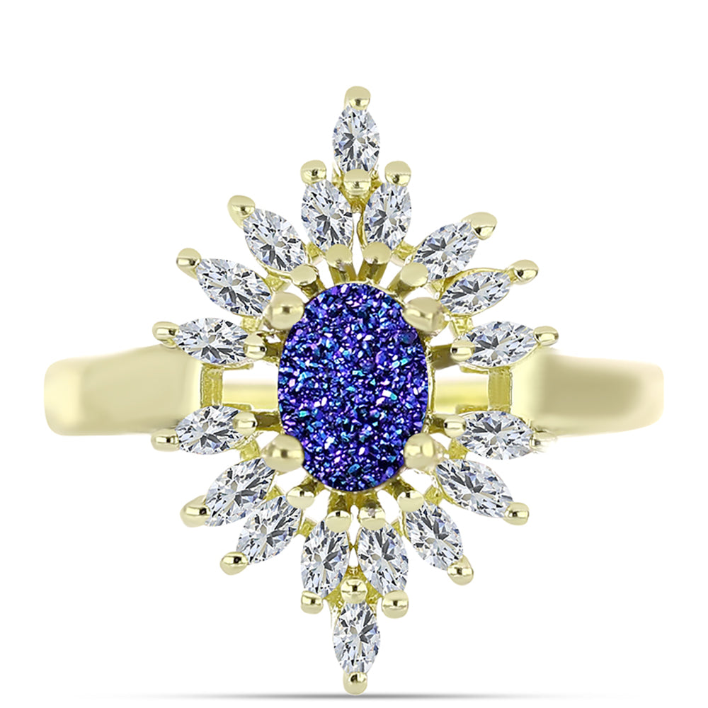 Anillo de Plata Bañada en Oro con Drusa Purpura y Zircón Blanco