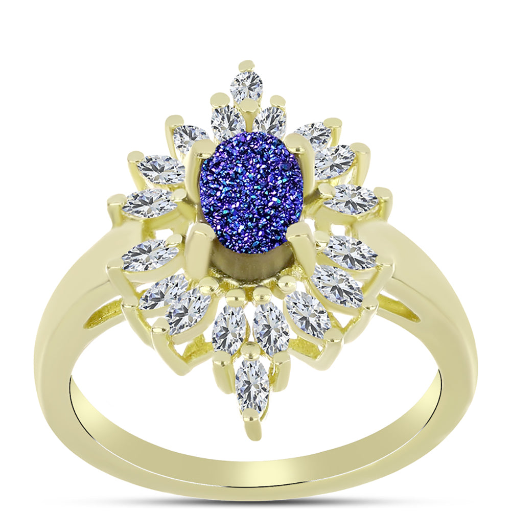 Anillo de Plata Bañada en Oro con Drusa Purpura y Zircón Blanco