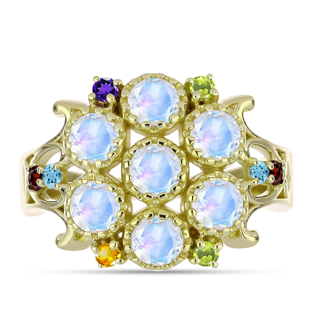Anillo de Plata Bañada en Oro con Piedra Lunar Arco Iris y Amatista de Marruecos 1 