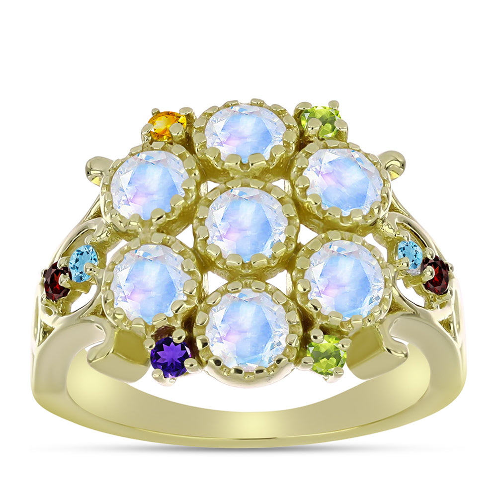 Anillo de Plata Bañada en Oro con Piedra Lunar Arco Iris y Amatista de Marruecos 7 