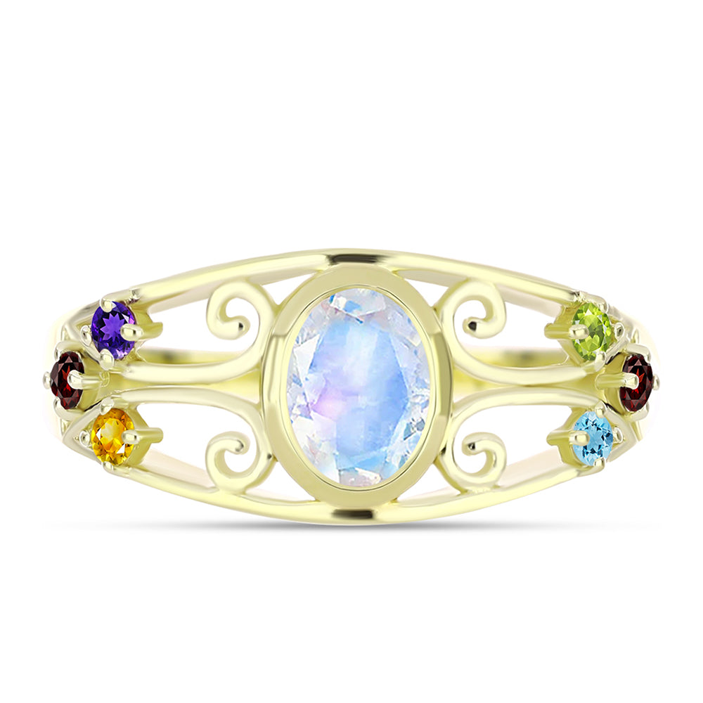 Anillo de Plata Bañada en Oro con Piedra Lunar Arco Iris y Amatista de Marruecos 5 