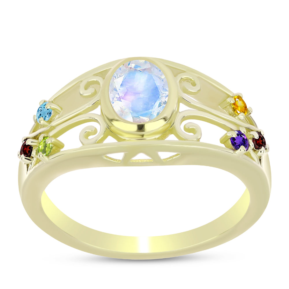 Anillo de Plata Bañada en Oro con Piedra Lunar Arco Iris y Amatista de Marruecos