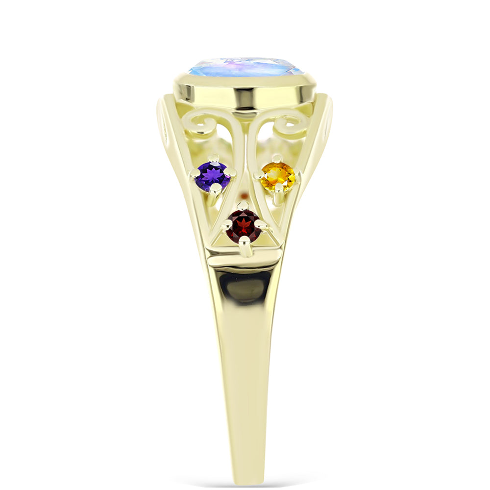 Anillo de Plata Bañada en Oro con Piedra Lunar Arco Iris y Amatista de Marruecos