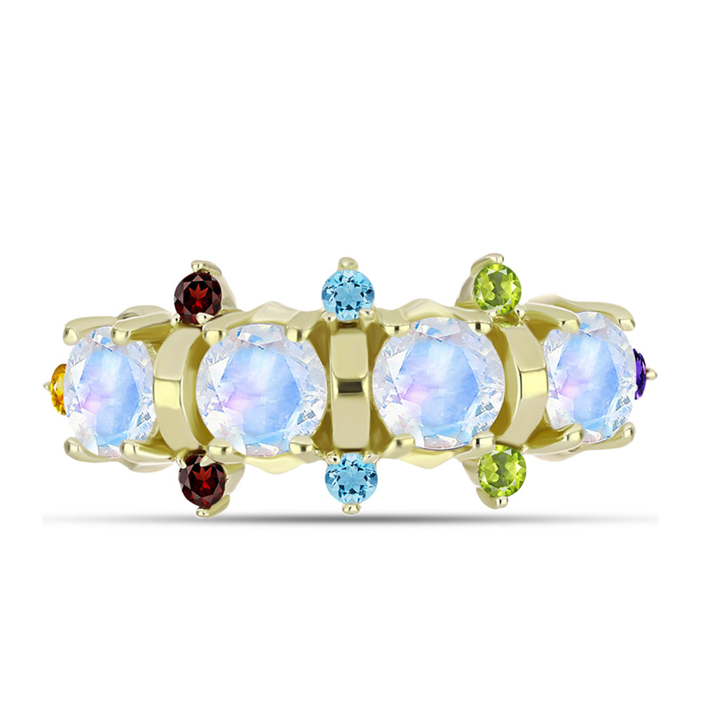 Anillo de Plata Bañada en Oro con Piedra Lunar Arco Iris y Amatista de Marruecos 1 