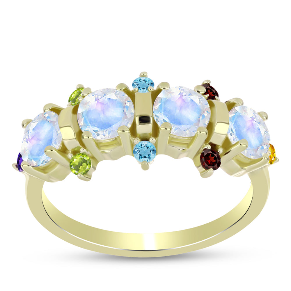 Anillo de Plata Bañada en Oro con Piedra Lunar Arco Iris y Amatista de Marruecos 3 