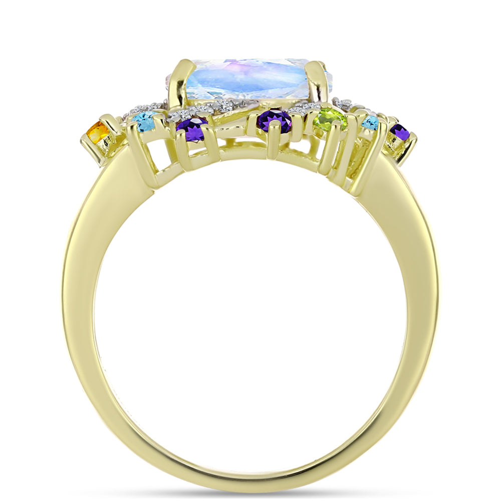 Anillo de Plata Bañada en Oro con Piedra Lunar Arco Iris y Amatista de Marruecos 6 