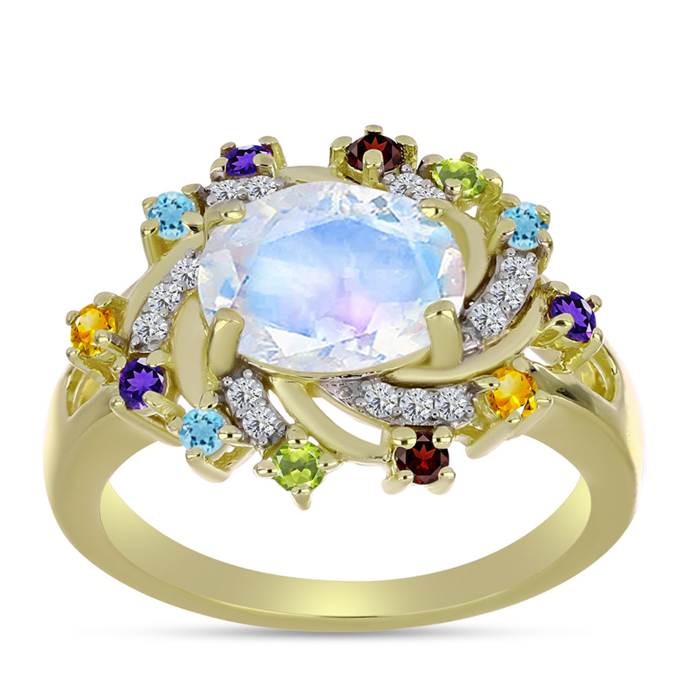Anillo de Plata Bañada en Oro con Piedra Lunar Arco Iris y Amatista de Marruecos 3 