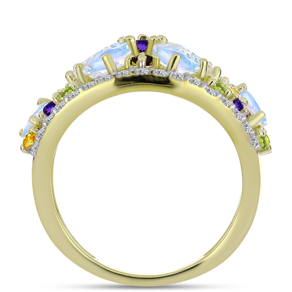 Anillo de Plata Bañada en Oro con Piedra Lunar Arco Iris y Amatista de Marruecos