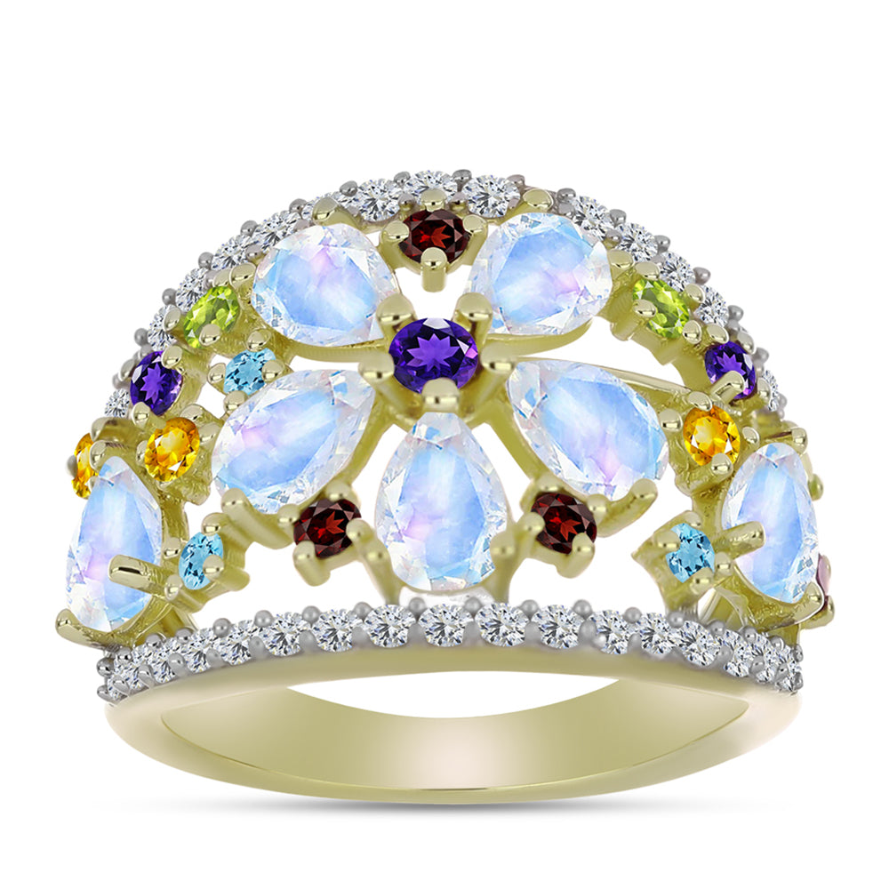 Anillo de Plata Bañada en Oro con Piedra Lunar Arco Iris y Amatista de Marruecos