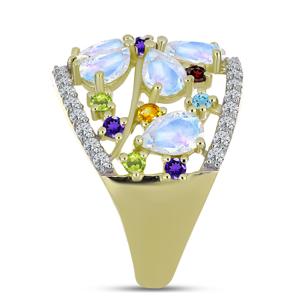 Anillo de Plata Bañada en Oro con Piedra Lunar Arco Iris y Amatista de Marruecos 8 