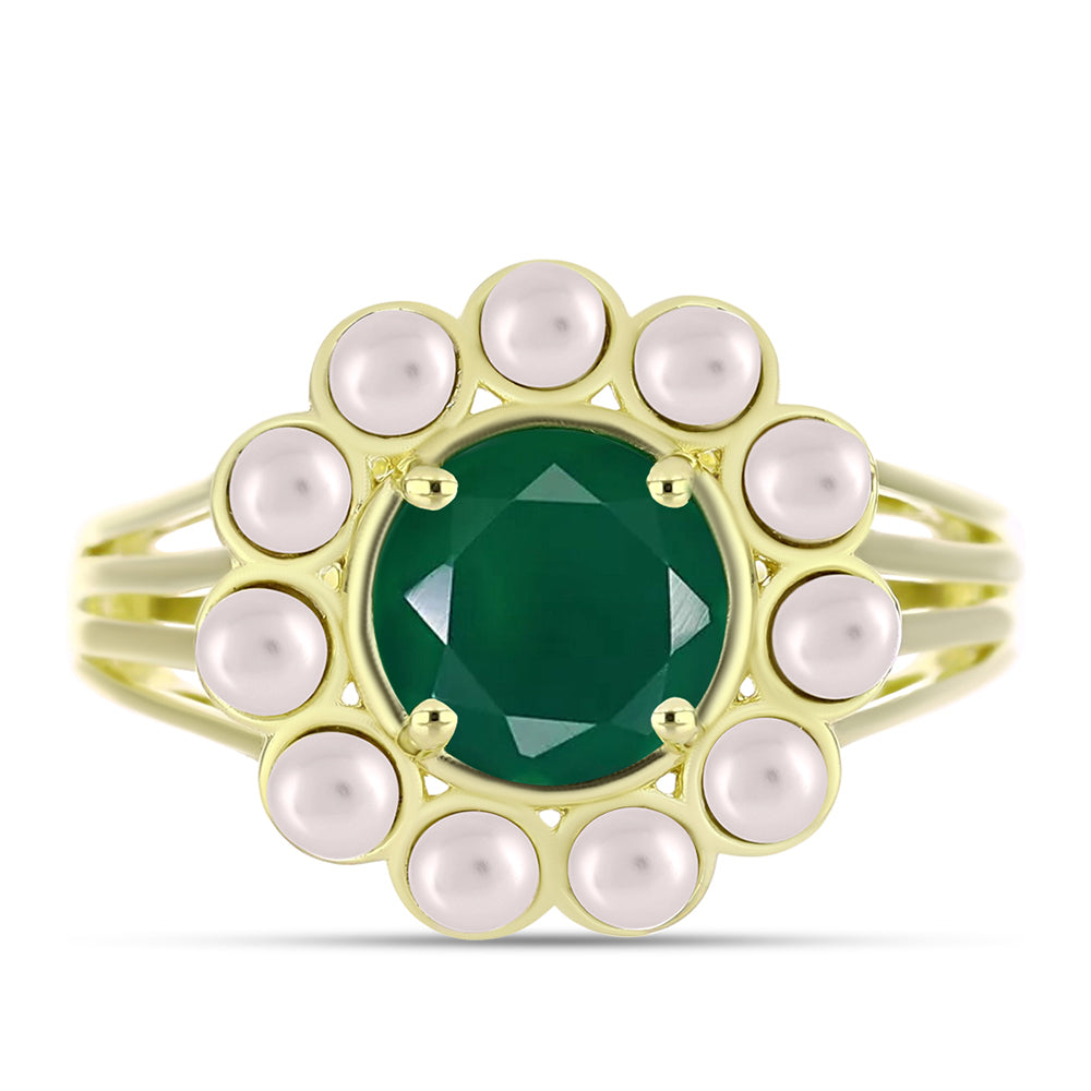 Anillo de Plata Bañada en Oro con Ágata Verde y Perla de Agua Dulce 1 