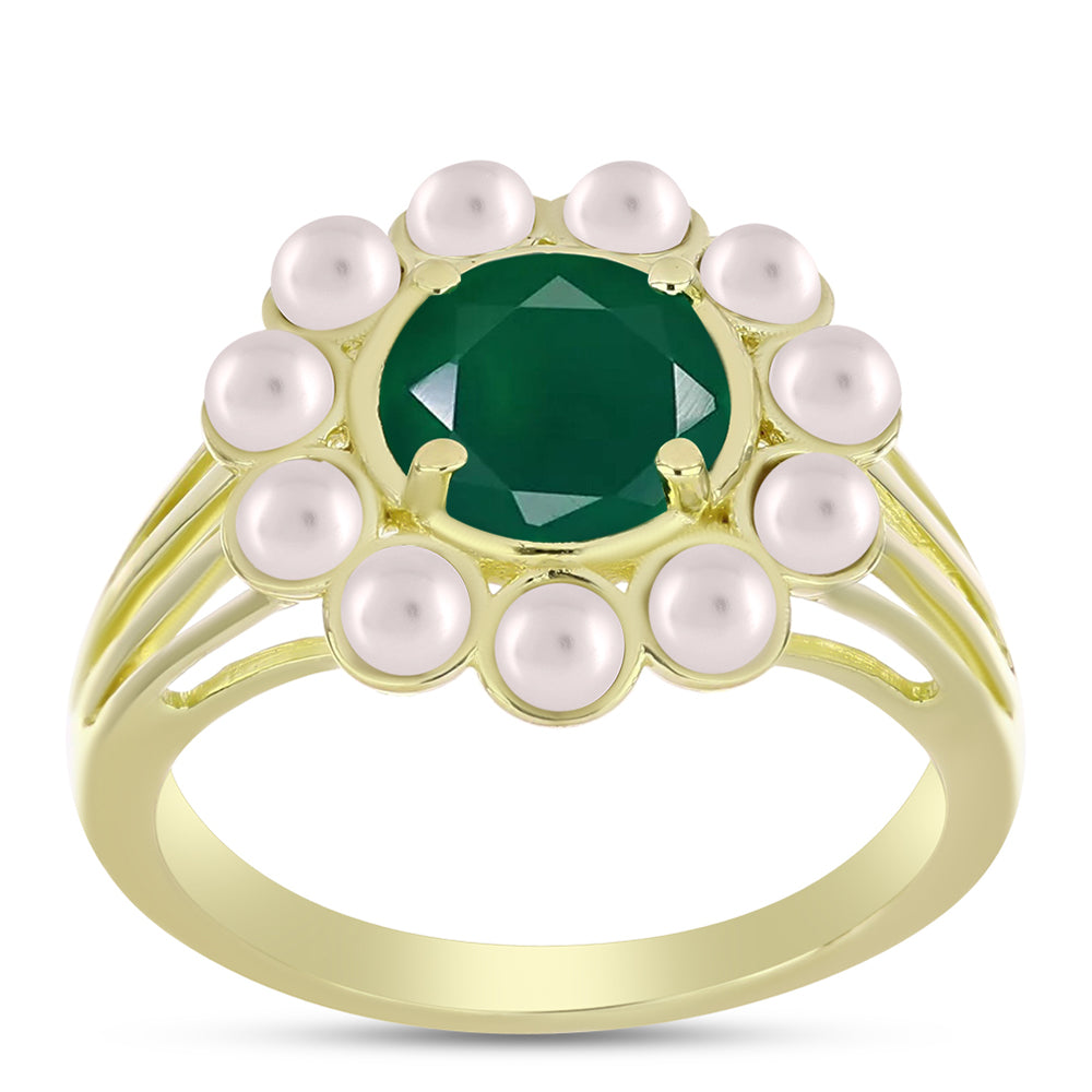Anillo de Plata Bañada en Oro con Ágata Verde y Perla de Agua Dulce